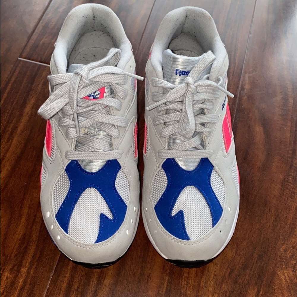 Hit pink, royal blue and Heather gray Reebok Aztek!